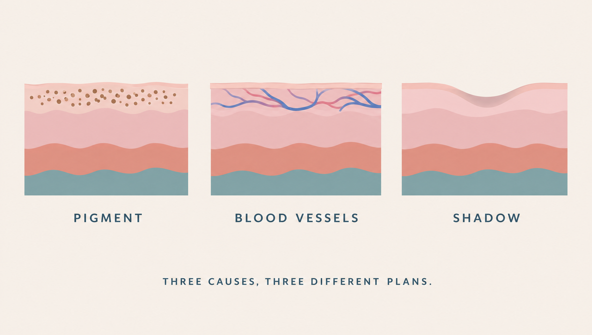 Three cross-sections of under-eye skin side by side: brown pigment dots in the top layer, blue blood vessels showing through thin skin, and a shadow falling into a groove.