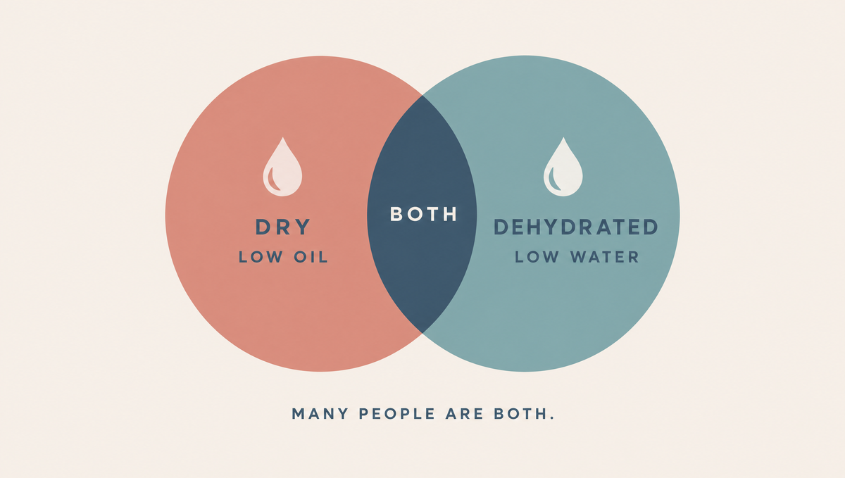 Venn diagram with dry skin, short on oil, and dehydrated skin, short on water, overlapping in the middle where skin is both.