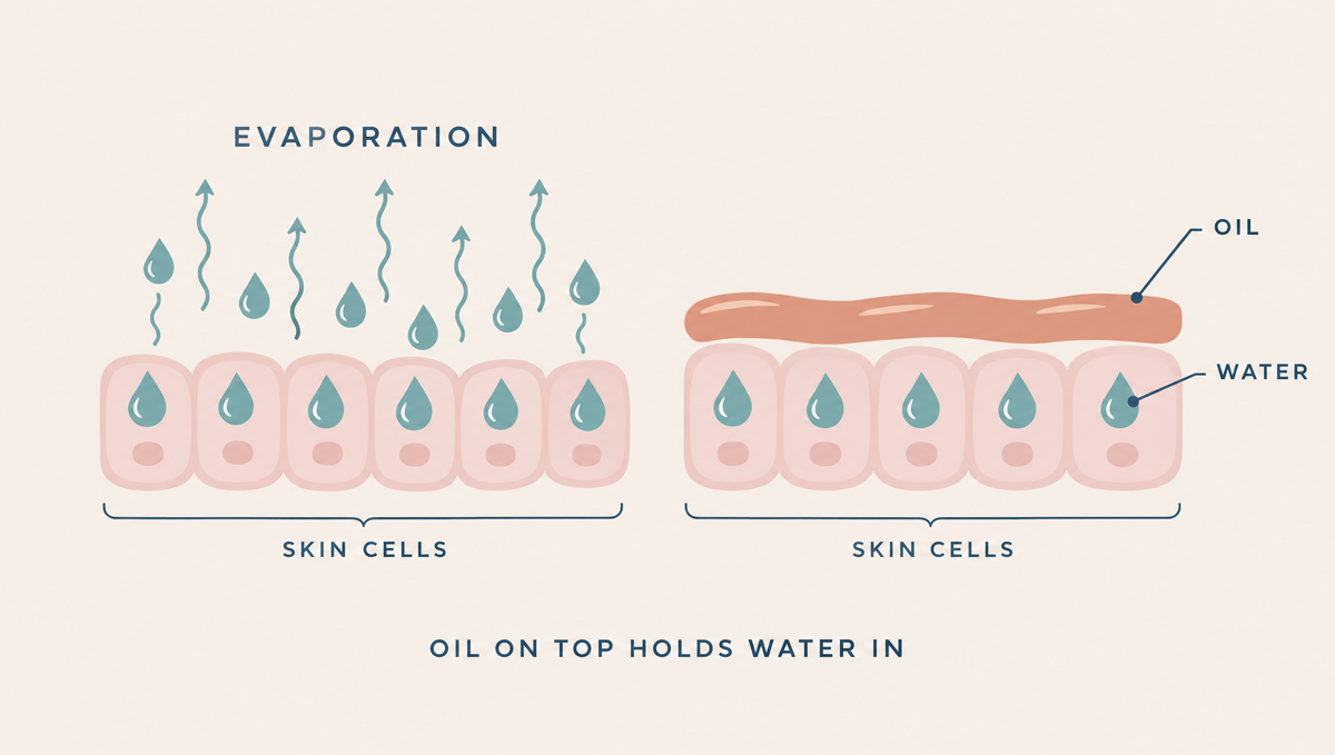 Diagram comparing skin cells with no oil on top, where water evaporates, and skin cells under a layer of oil, where water stays in.