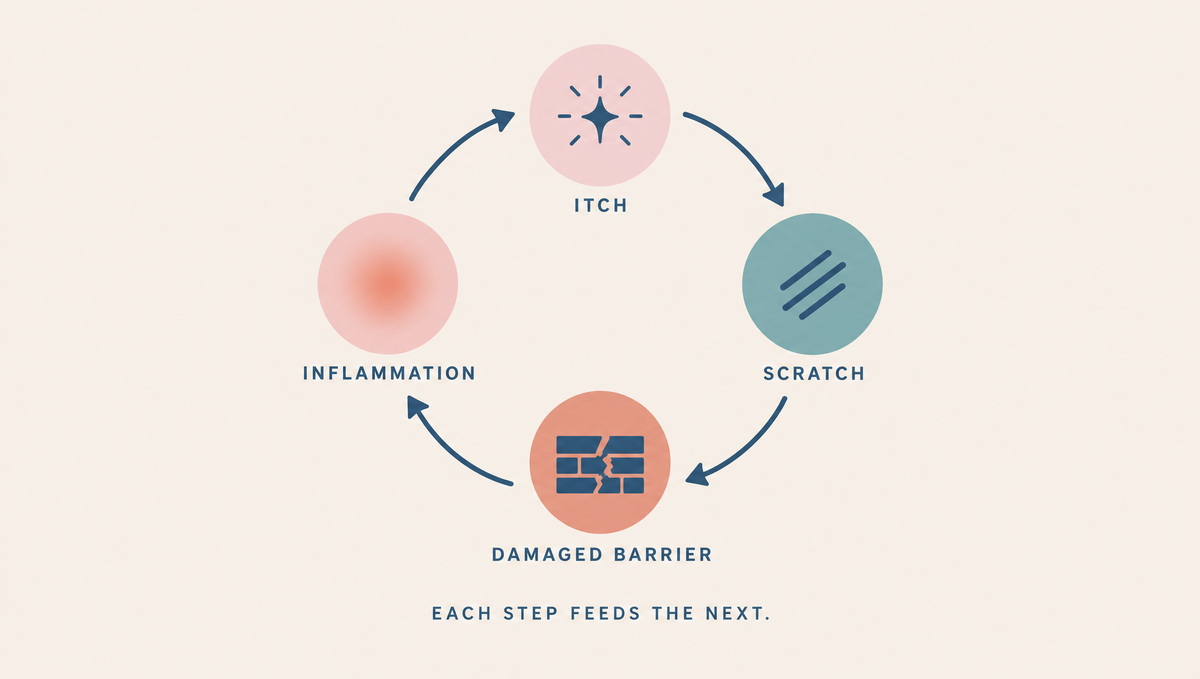 Diagram of a circular cycle in which itch leads to scratching, scratching to a damaged barrier, a damaged barrier to inflammation, and inflammation back to itch.