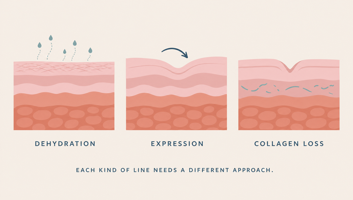 Three cross-sections of skin side by side: fine crisscross creases on a dry surface, a single fold where the skin bends, and a deeper line above a layer with sparse broken collagen fibers.