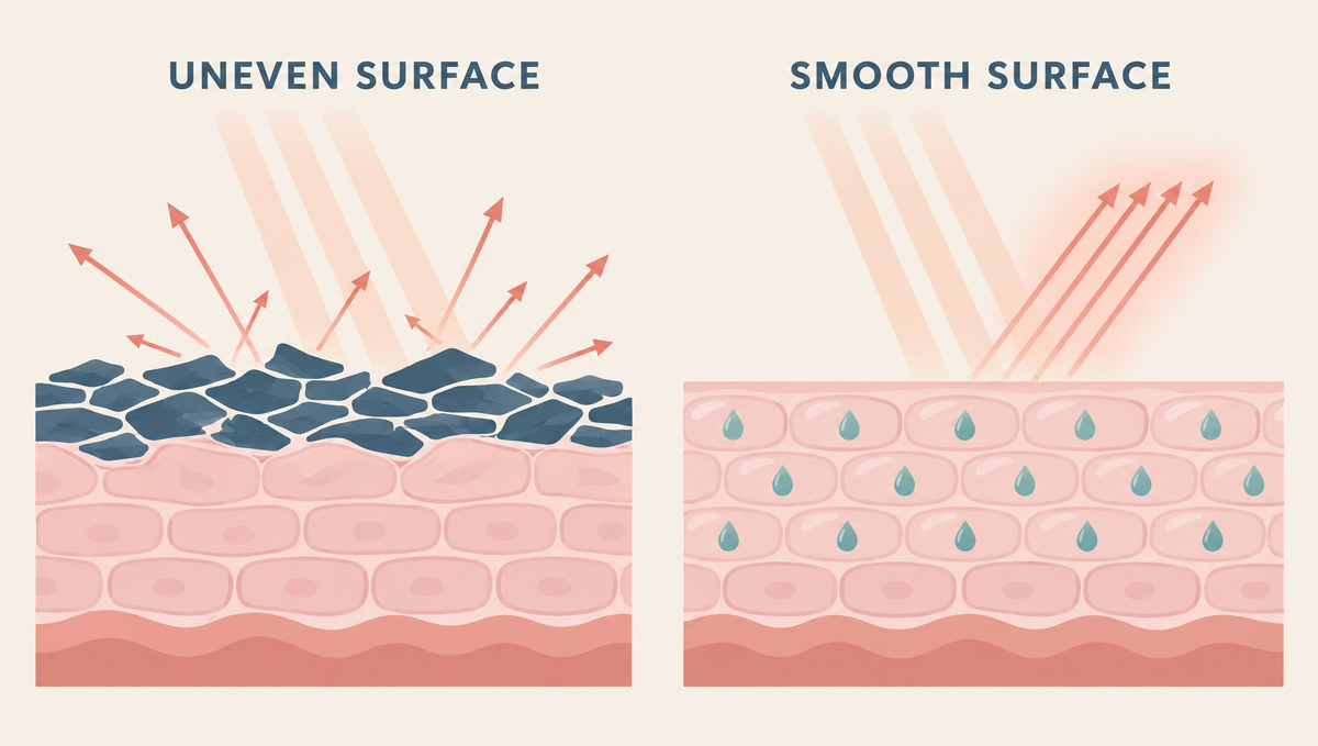 Two panels: light scattering off a bumpy pile of dead cells, and light reflecting evenly off a smooth, hydrated skin surface.