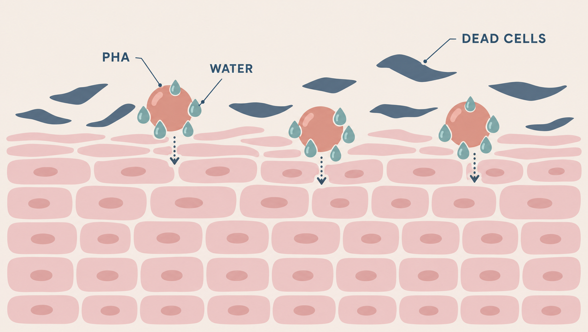 Diagram of skin cell rows with large molecules carrying water droplets into the top rows while loose flakes lift from the surface.