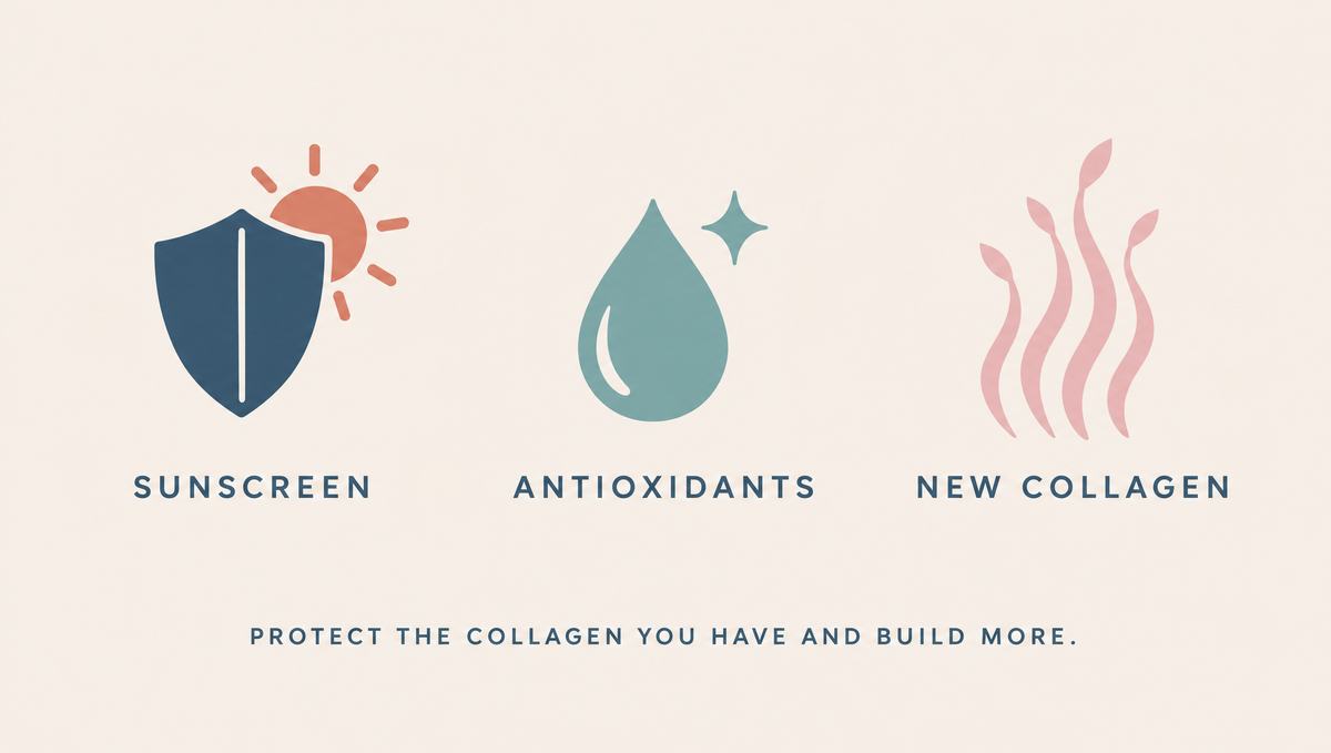 Diagram of three icons: a shield with a sun for sunscreen, a droplet for antioxidants, and new fibers growing for new collagen.
