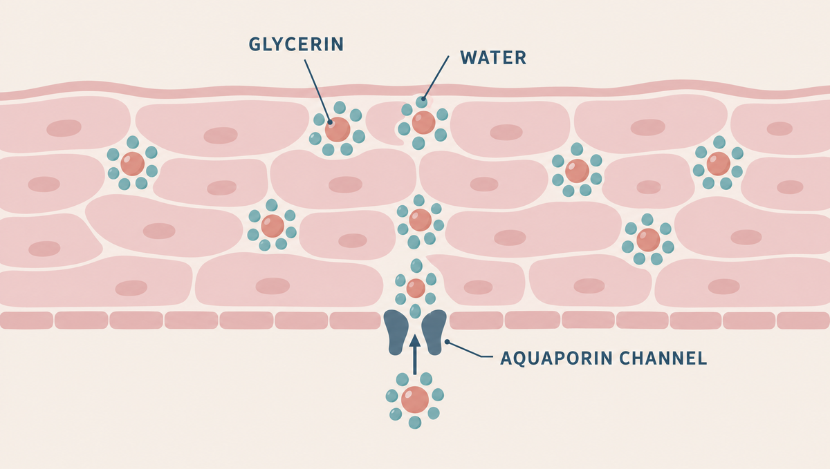 Diagram of the outer skin layer as a wall of cells, with glycerin molecules holding water droplets and a channel carrying glycerin upward.