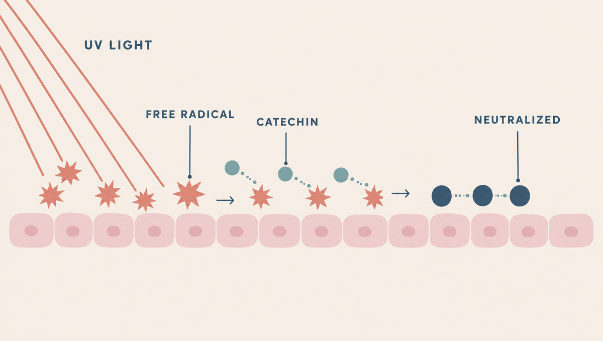 Coral UV rays creating jagged unstable molecules near skin cells, with teal catechin particles turning them into calm slate circles.