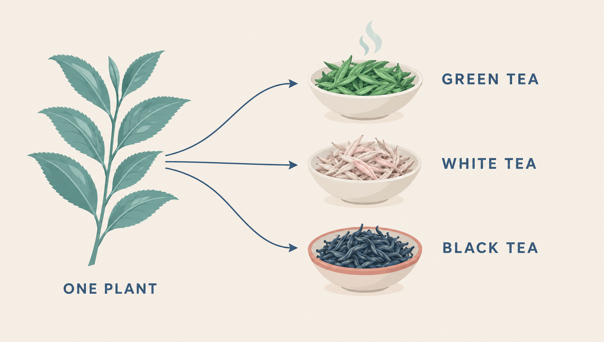 A tea plant branch with arrows to three bowls of leaves: steamed bright green, pale silvery and dark twisted.