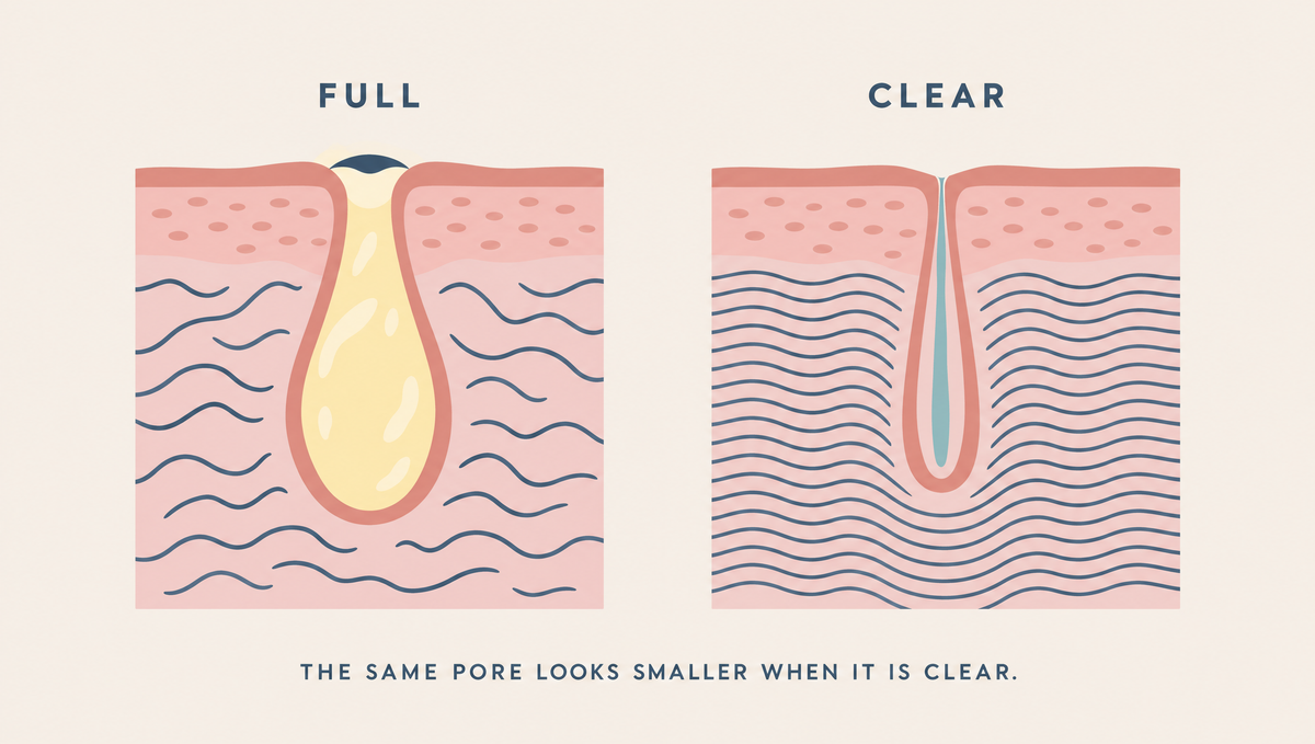 Diagram of the same pore twice: full of oil with a visible opening and loose fibers, then clear with a barely visible opening and dense fibers around it.