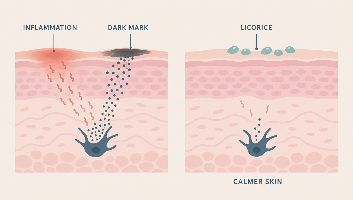 Two skin cross-sections: inflammation messengers driving a pigment cell to form a dark patch, and a calmer version with even tone.