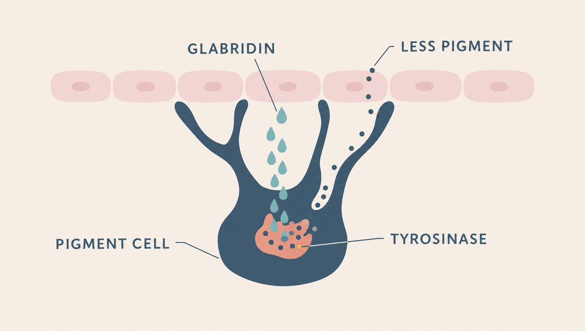 A pigment cell with a coral enzyme making dark granules, teal glabridin droplets on the enzyme and few granules reaching the surface.
