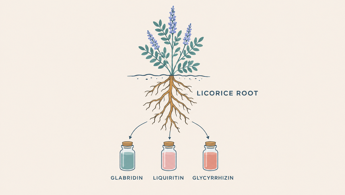 A licorice plant with a long golden root and arrows leading from the root to three small vials in teal, blush and coral.