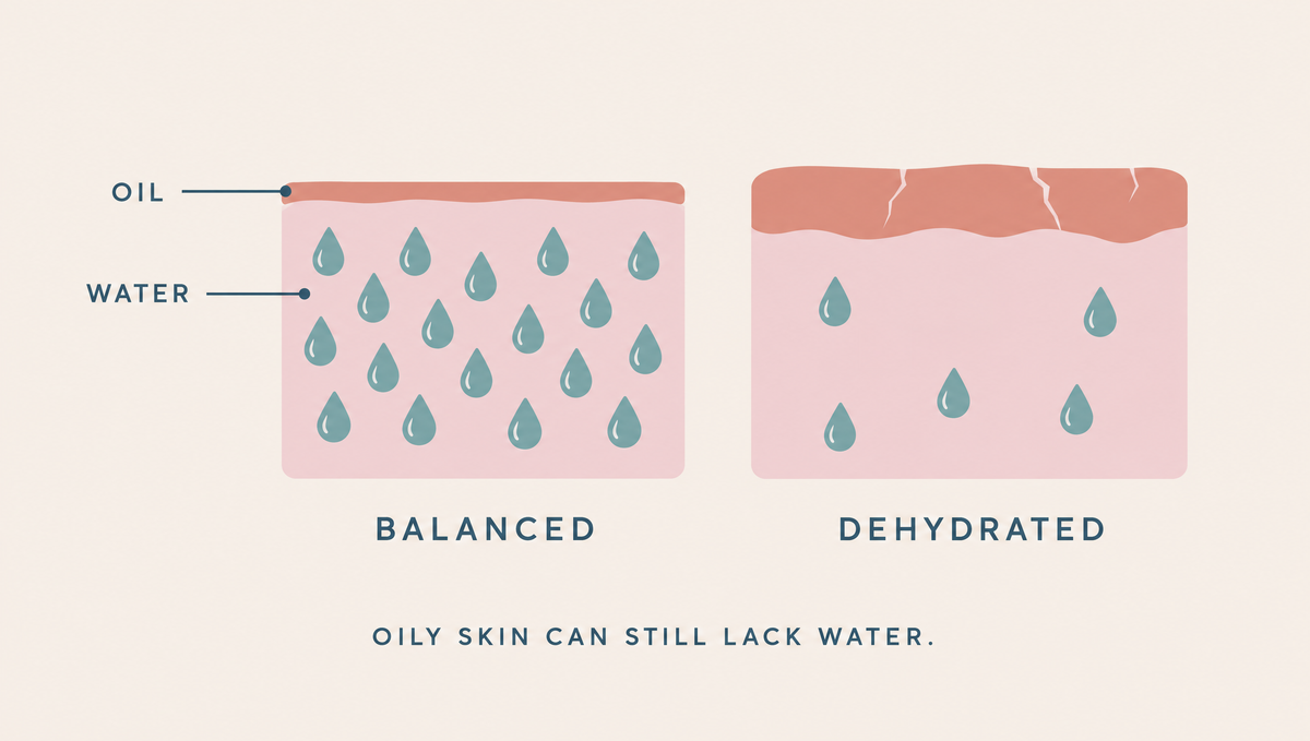 Diagram comparing two blocks of skin: one with a thin oil layer and plenty of water inside, and one with a thicker oil layer, little water and small cracks at the surface.