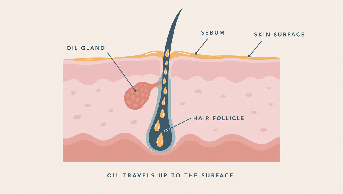 Diagram of a hair follicle with an oil gland attached to its side, with droplets of oil traveling up the follicle and spreading as a thin layer across the skin surface.