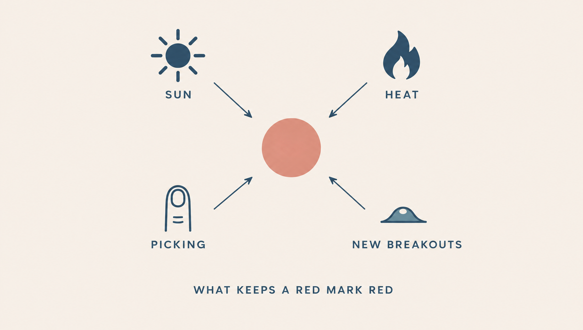 Diagram of a round red mark with four icons pointing toward it: sun, heat, picking and new breakouts.