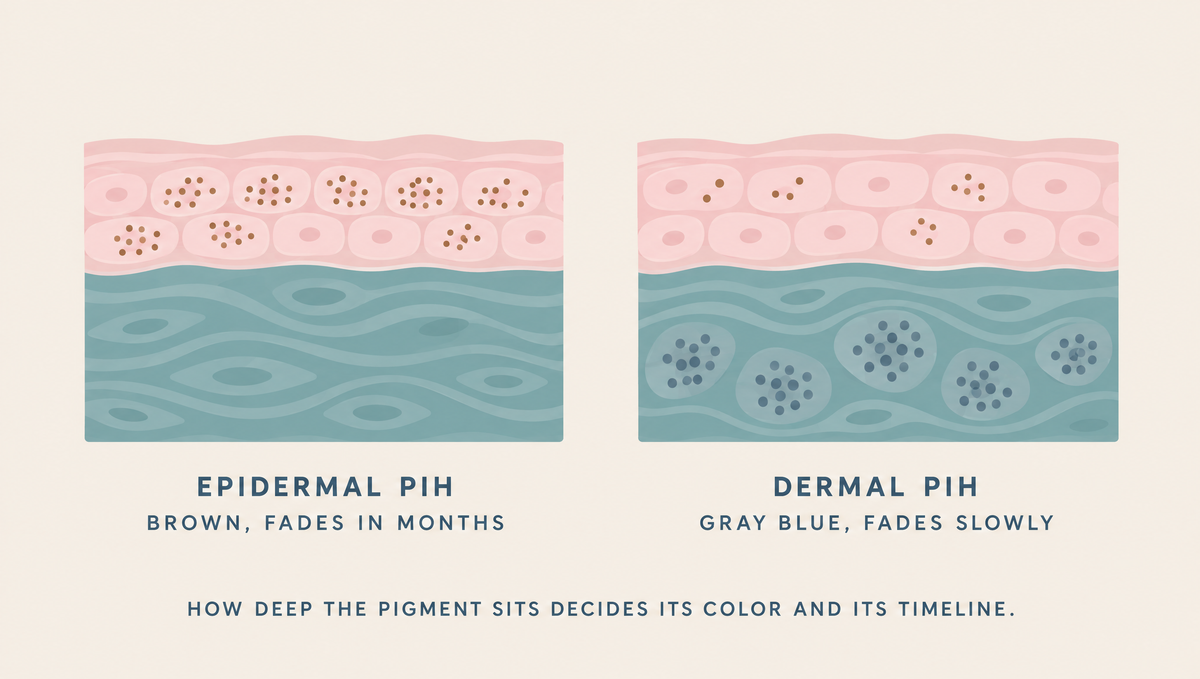 Diagram of two skin cross-sections: brown pigment in the top layer for epidermal PIH, and gray-blue pigment held in deeper cells for dermal PIH.