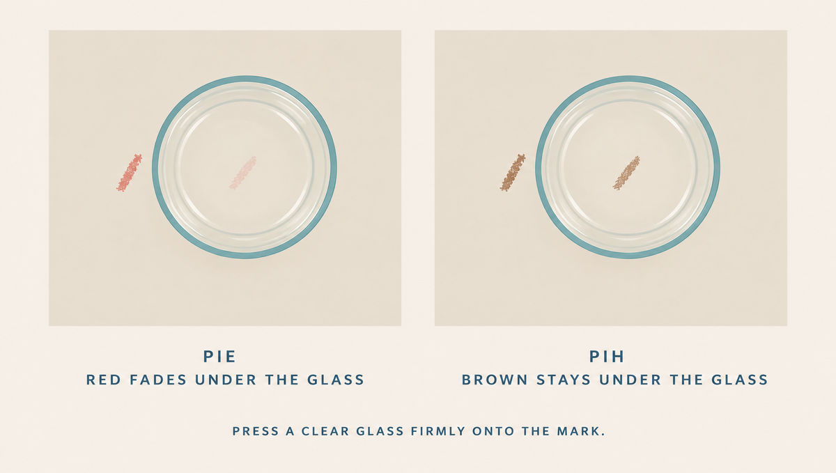 Diagram of the glass test: a red mark fades under a pressed clear glass, while a brown mark keeps its color.
