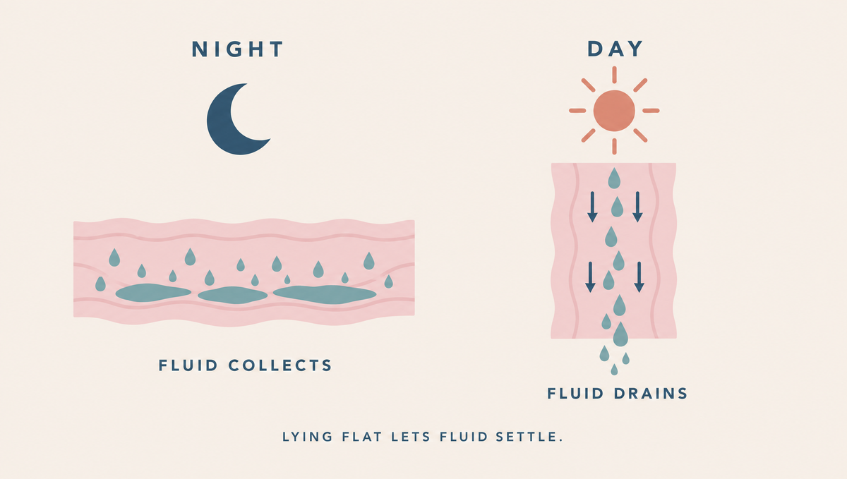 Two panels: under a moon, water droplets collect in a horizontal band of tissue; under a sun, the band is upright and droplets flow downward and away along small arrows.