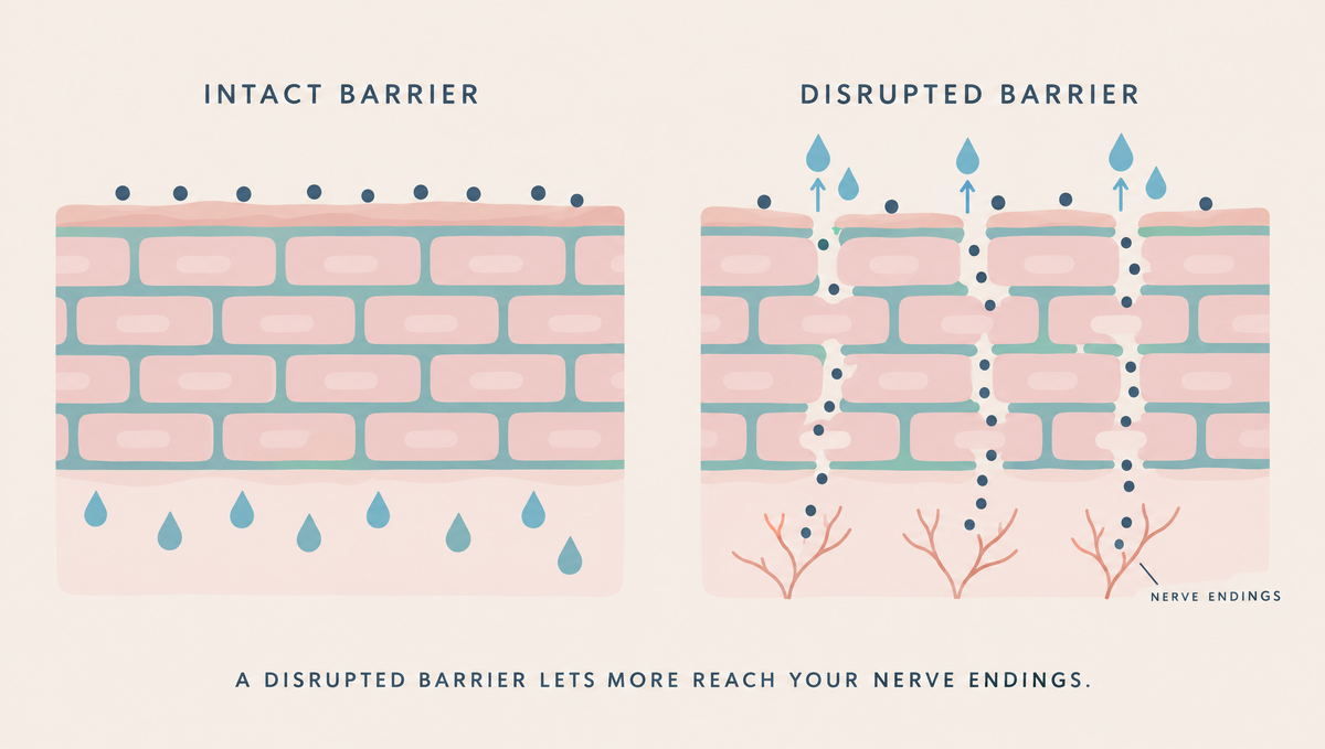 Diagram comparing an intact skin barrier, which keeps water in and particles out, with a disrupted barrier where water escapes and particles travel down toward nerve endings.