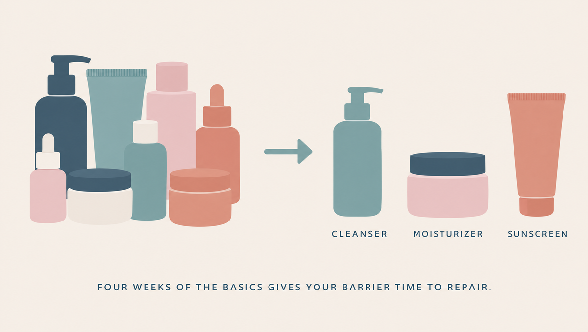 Diagram showing a crowded cluster of skincare products reduced to three: a cleanser, a moisturizer and a sunscreen.
