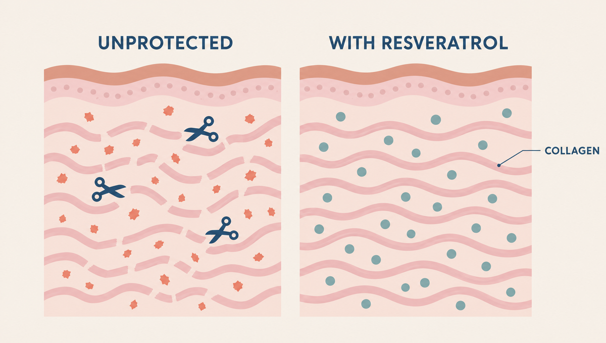 Two panels: broken collagen fibers with coral particles and cutting enzymes, beside intact fibers protected by teal resveratrol molecules.