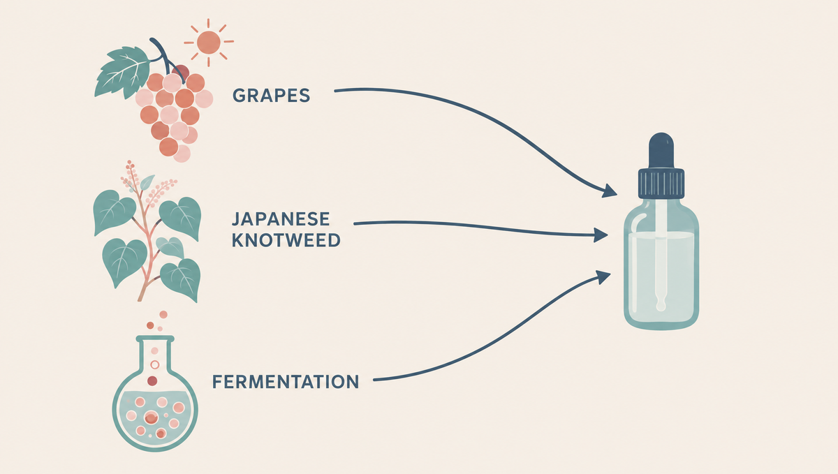 Grapes, a Japanese knotweed stem and a flask of bubbling cells, each with its own arrow leading to one serum bottle.