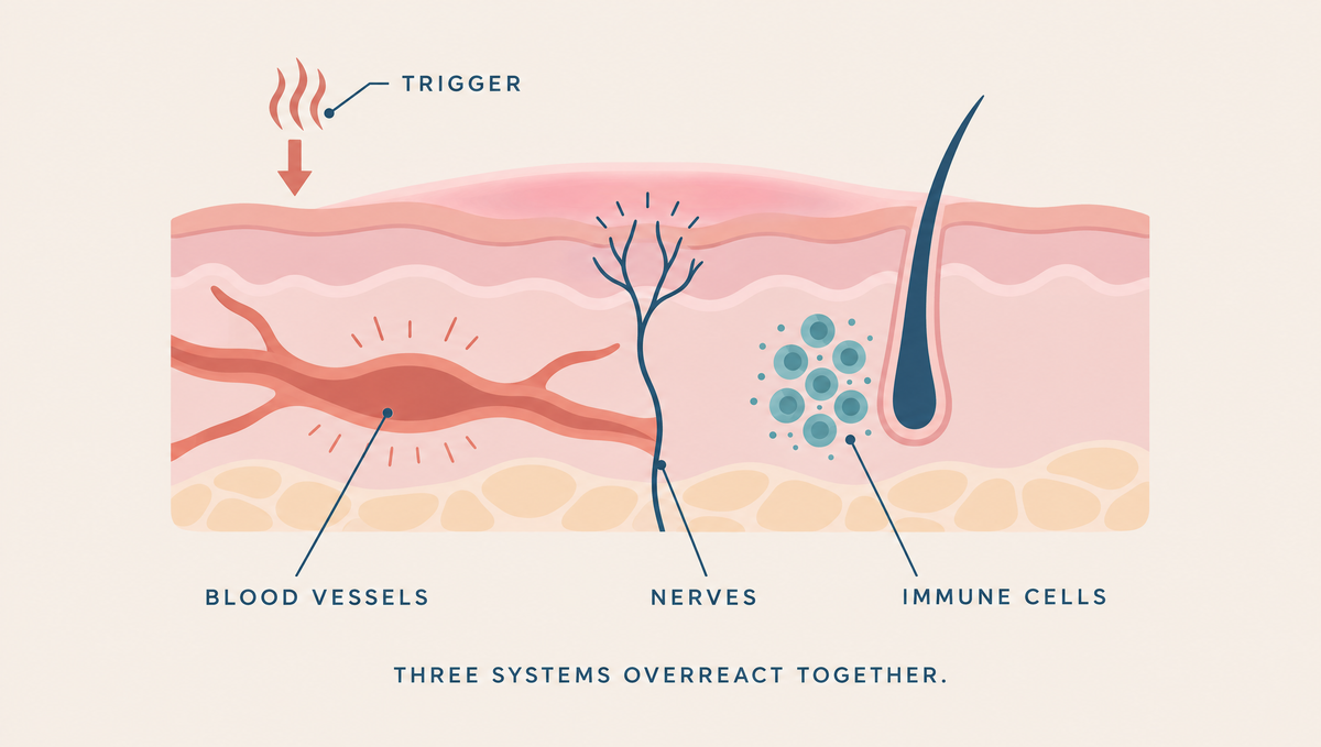Diagram of a skin cross-section where a heat trigger enters from above and a widened blood vessel, a nerve ending and a cluster of immune cells respond beneath a flushed surface.