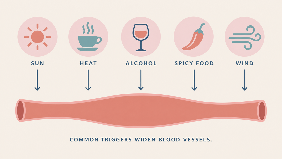 Diagram of five trigger icons, a sun, a hot cup, a wine glass, a chili pepper and wind, each with an arrow pointing to a widening blood vessel.
