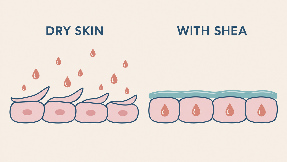Two panels: lifted skin cells losing water droplets, and the same cells lying smooth under a teal layer with water kept inside.