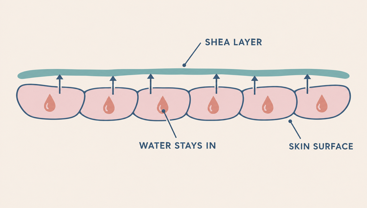Diagram of skin cells holding water droplets, with a thin teal layer on top stopping upward arrows from escaping.