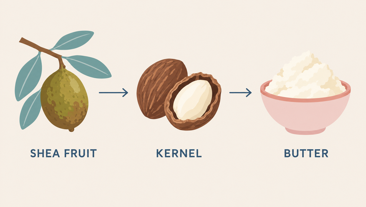Sequence showing a shea fruit on a branch, an opened nut with its kernel, and a bowl of shea butter, joined by arrows.