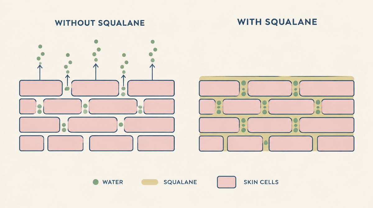 Diagram of a brick wall of skin cells showing water escaping through gaps without squalane and held in when the gaps are filled.