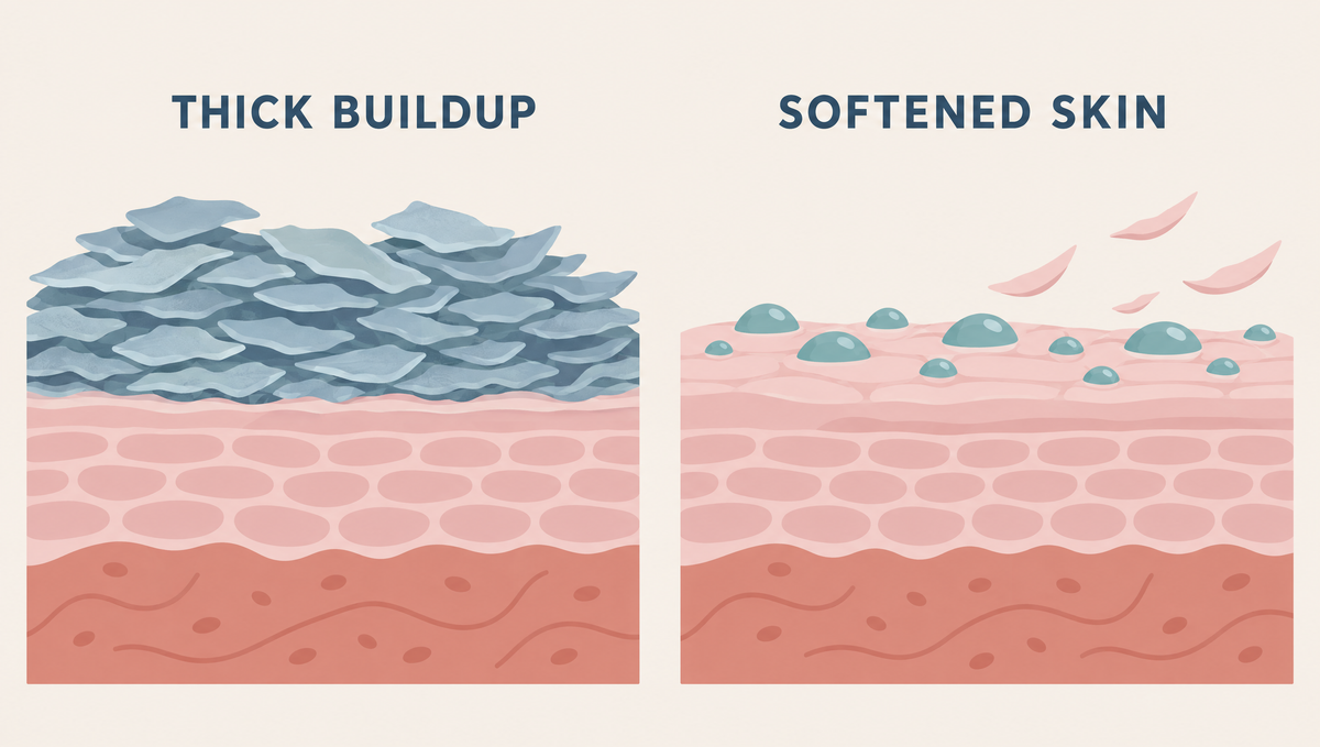 Two panels: a thick, uneven pile of dry flakes on the skin surface, then the same skin smooth and hydrated with loose flakes lifting away.