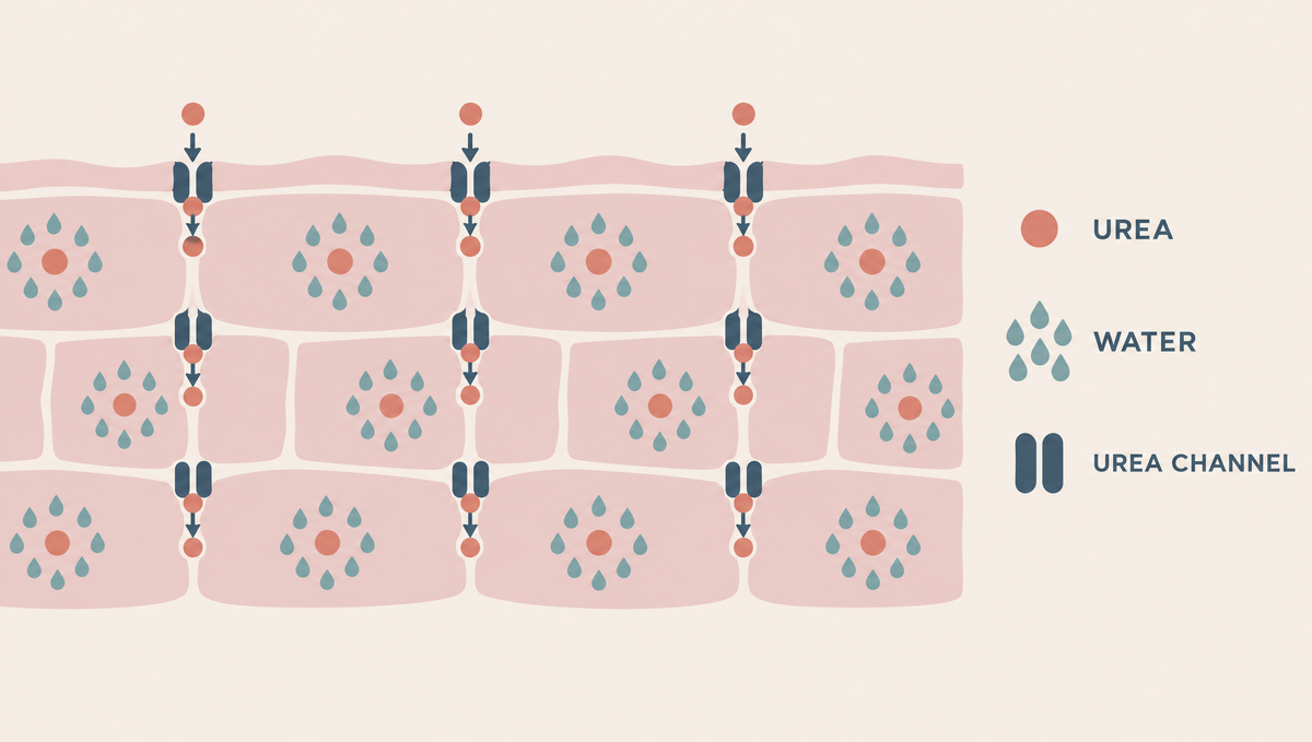 Diagram of the outer skin layer as a wall of cells, with urea dots holding water droplets and channels carrying urea into the cells.
