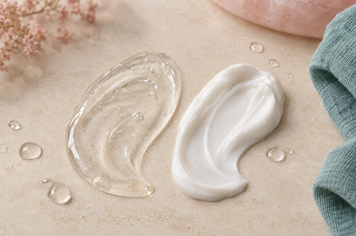 Two cleanser textures side by side: a clear gel cleanser and a white cream cleanser, with a few water droplets.