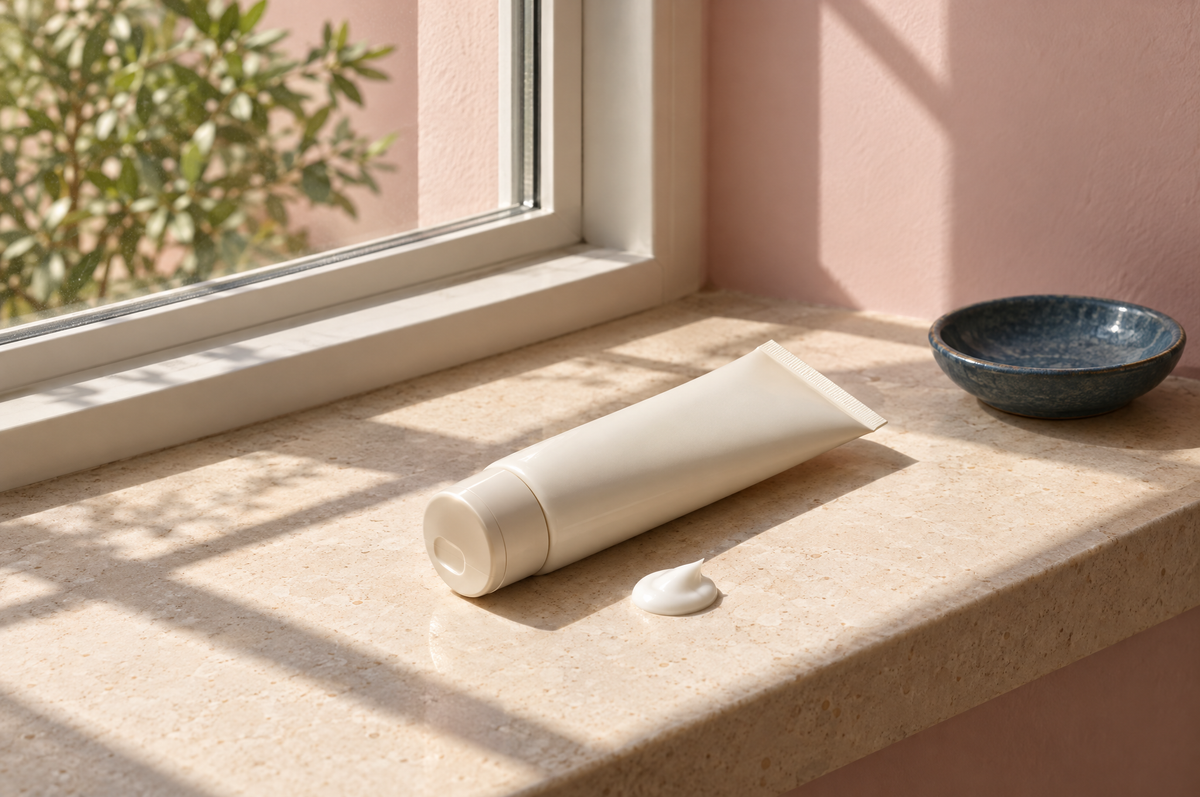 A sunscreen tube on an indoor windowsill with sunlight shining through the window glass.